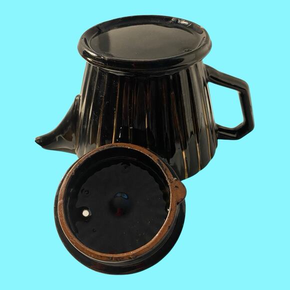 Vintage Sadler Teapot Black W/Gold Stripes MCM England Retro Art Deco Small Ding - Picture 9 of 9